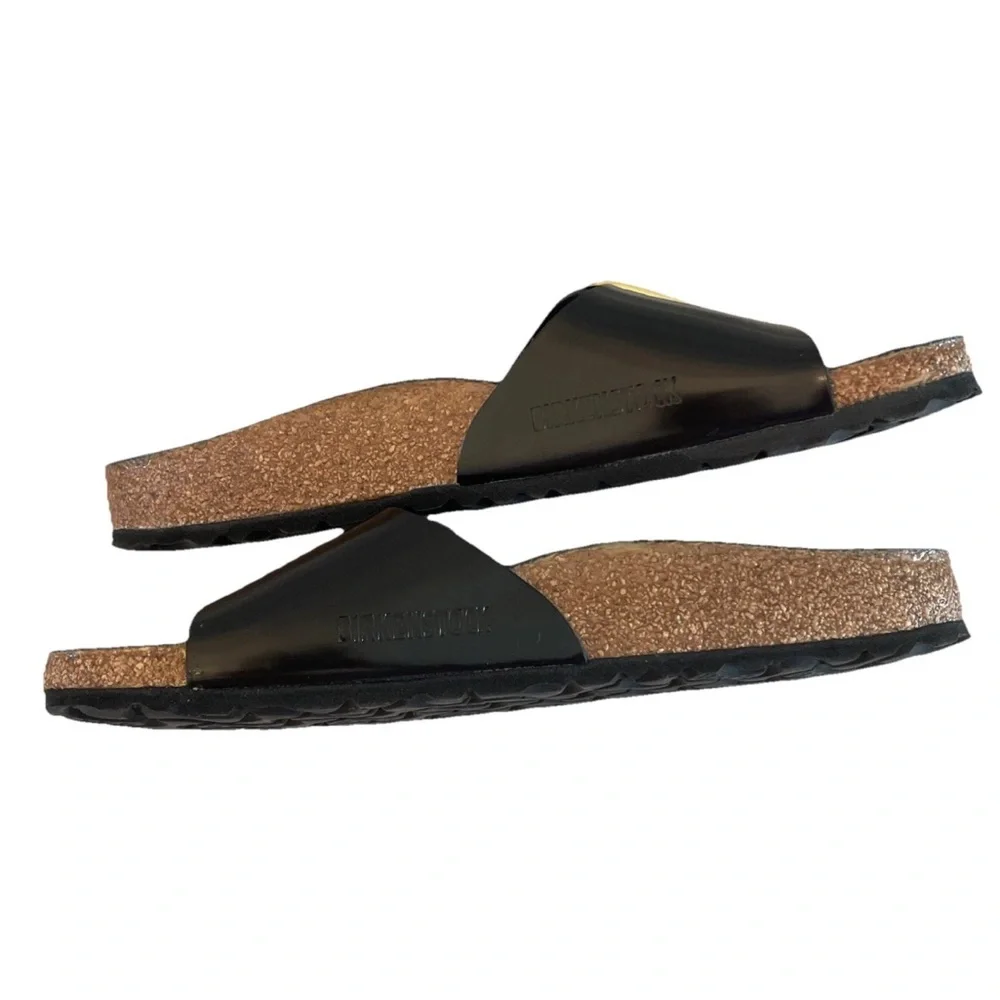 Birkenstock Madrid High Shine Big Buckle Black Slide Sandal Gold Size 39/US 8 - Picture 7 of 12